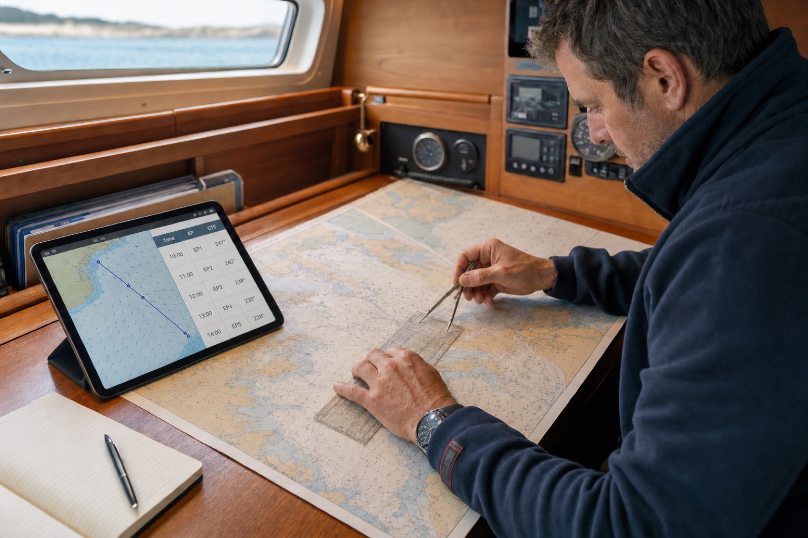 A navigator using a device beside a paper chart at a yacht's chart table