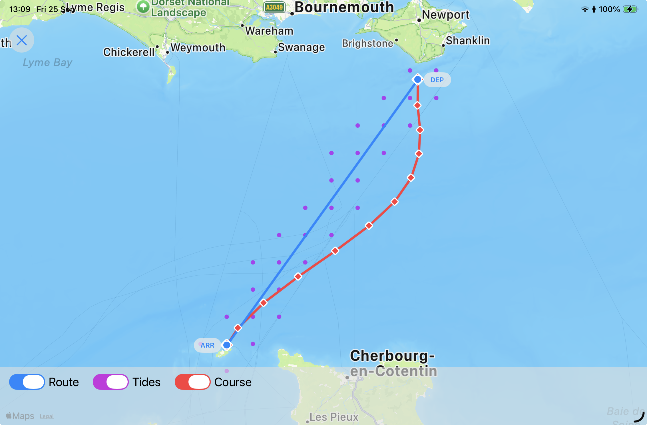 Expanded course2steer map showing the CrossTide Course from St Catherine's to Alderney