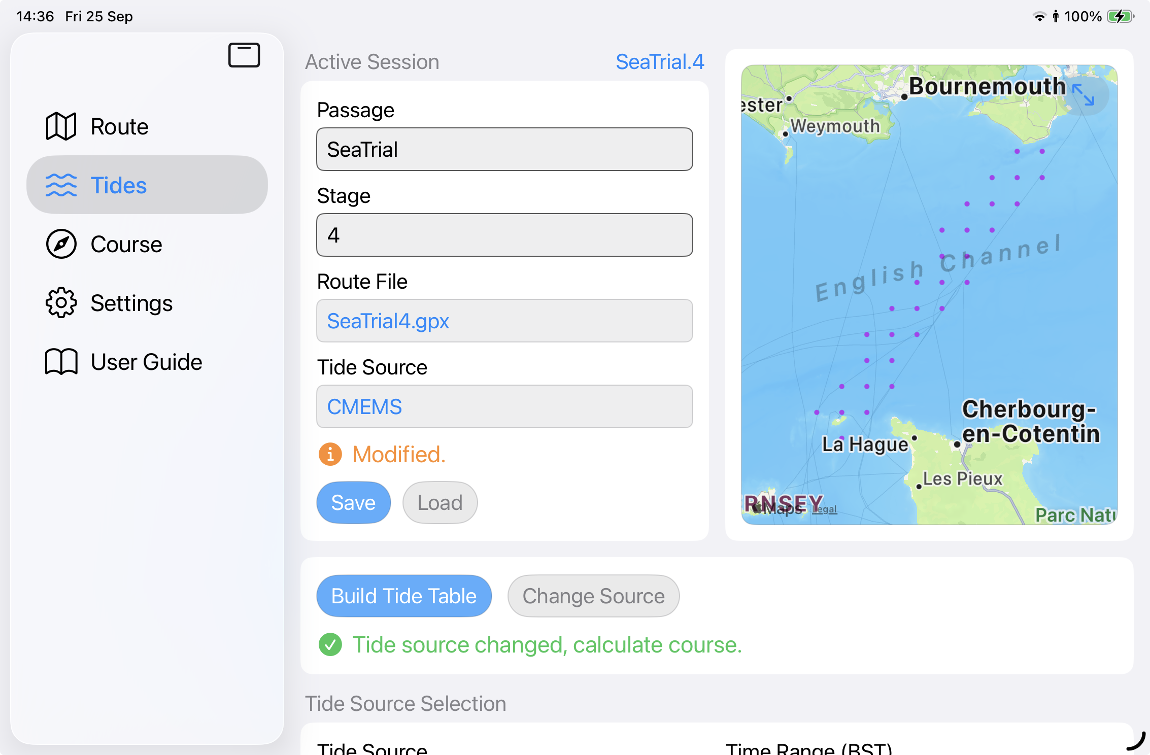 course2steer Tides view showing CMEMS tide positions from St Catherine's to Alderney