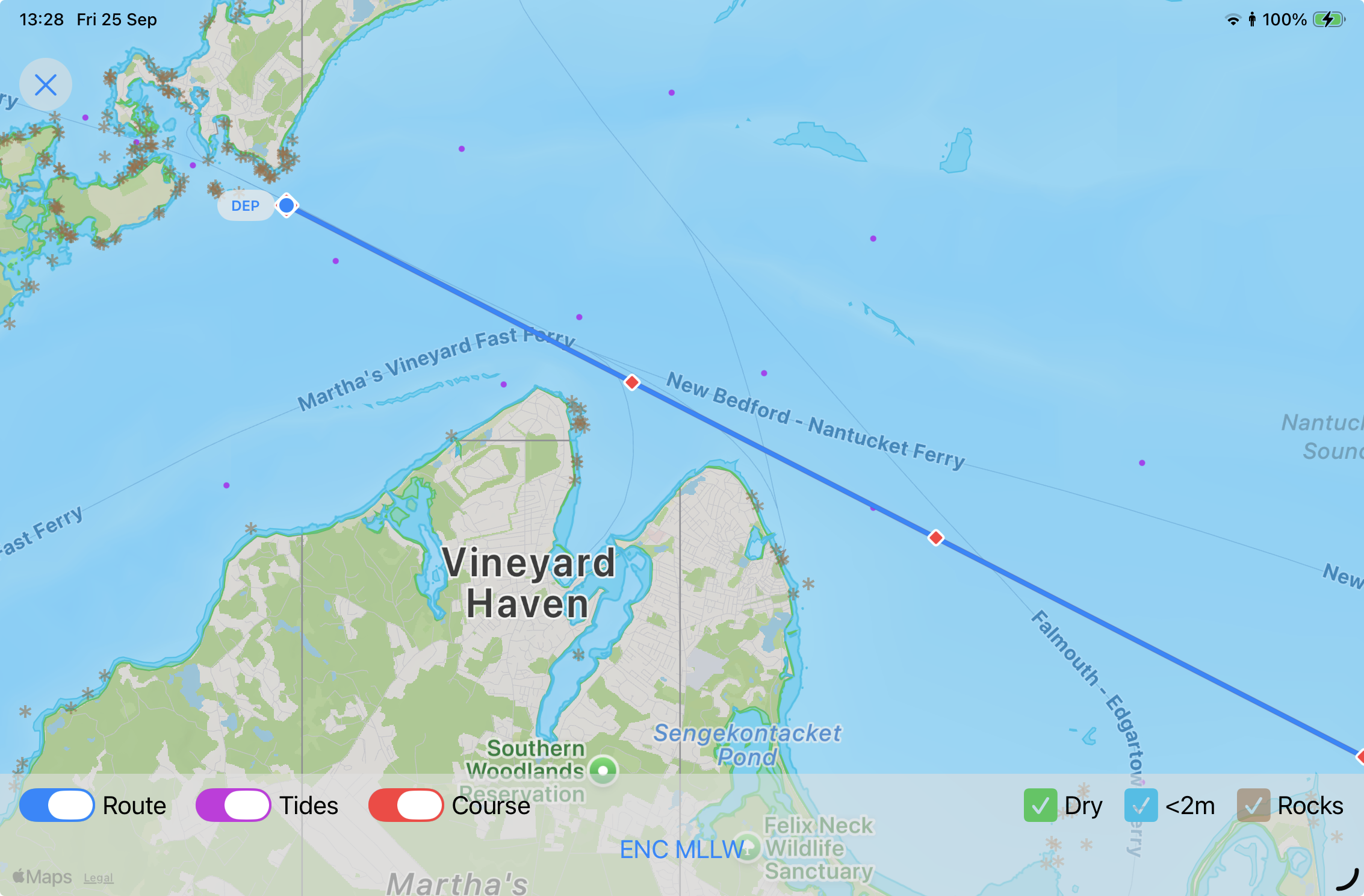 Expanded course2steer ENC map showing the Woods Hole to Nantucket route and tide positions